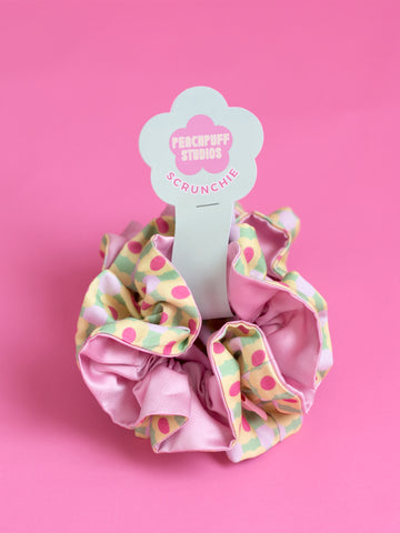 Checked Flowers Pink Double Layered Oversized Scrunchie