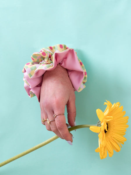 Checked Flowers Pink Double Layered Oversized Scrunchie