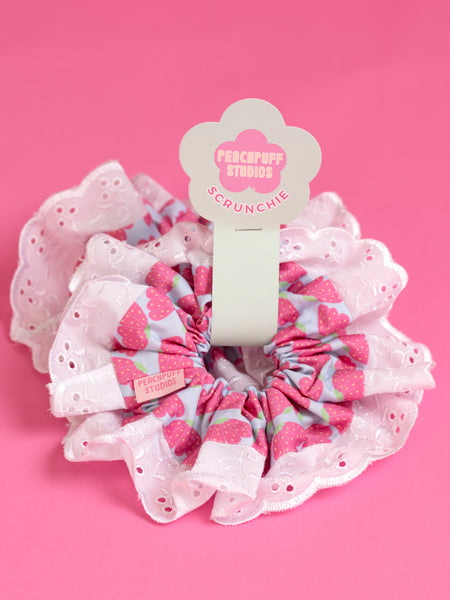 Strawberry Flowers Lace Trim Oversized Scrunchie